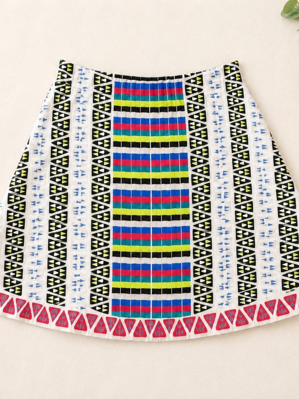 Vintage Women's White A-Line Skirt with Multicolor Geometric Stripes